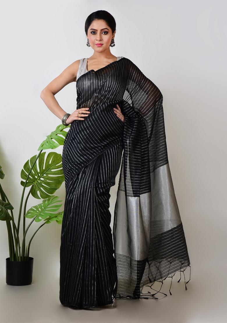 Black Embroidered Linen Saree Set