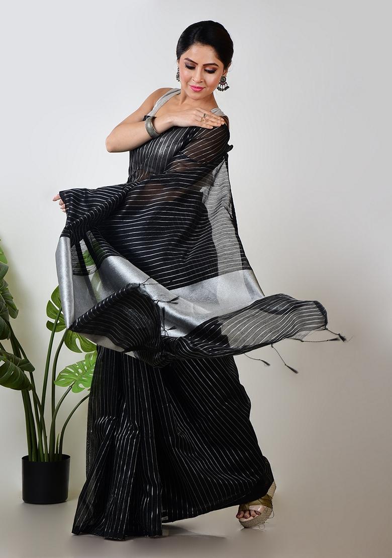 Black Embroidered Linen Saree Set