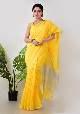 Yellow Embroidered Linen Saree Set