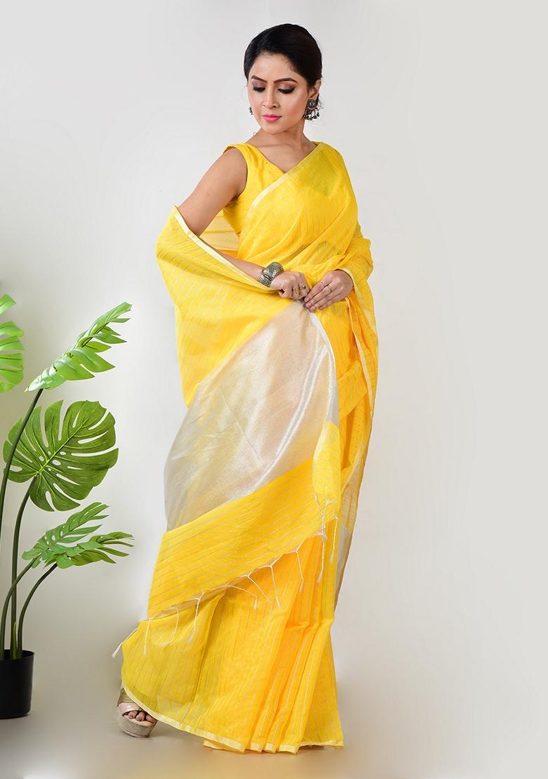 Yellow Embroidered Linen Saree Set