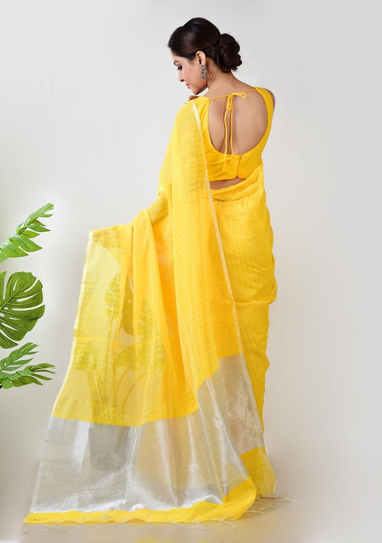 Yellow Embroidered Linen Saree Set