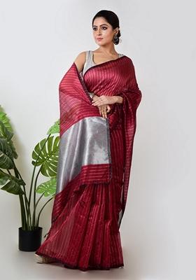 Maroon Embroidered Linen Saree Set