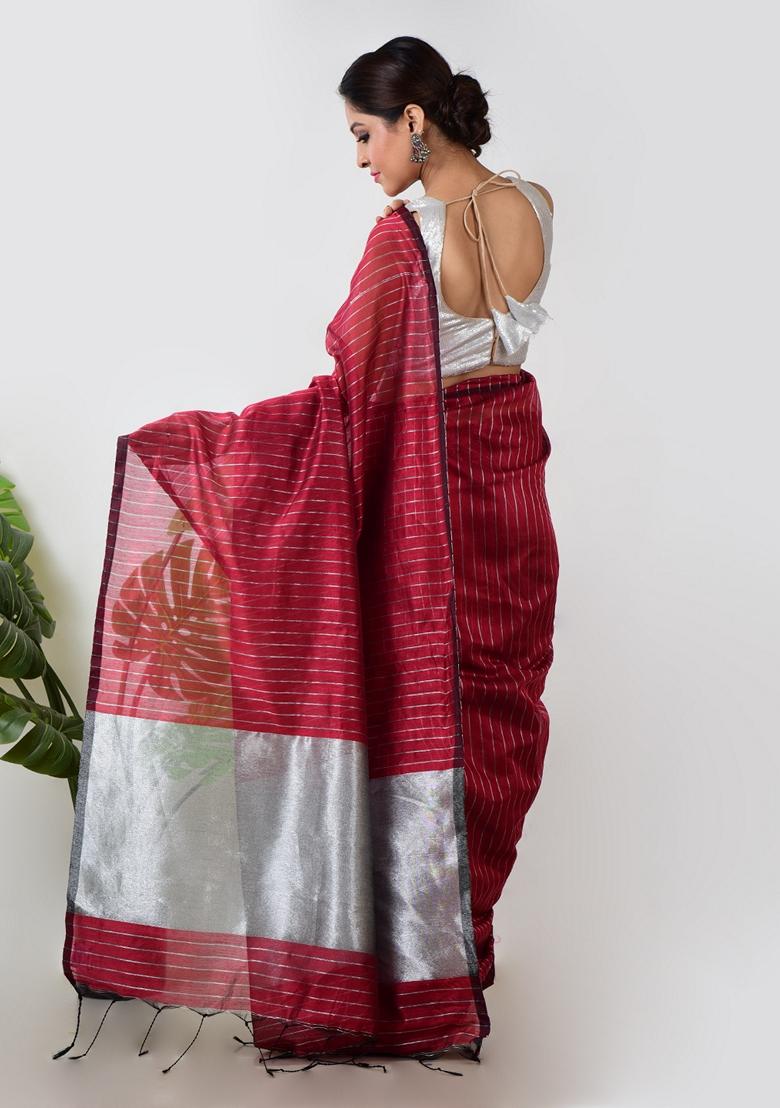 Maroon Embroidered Linen Saree Set