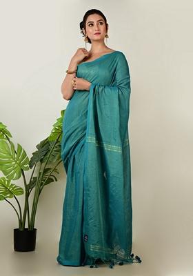 Turquoise Green Embroidered Linen Saree Set