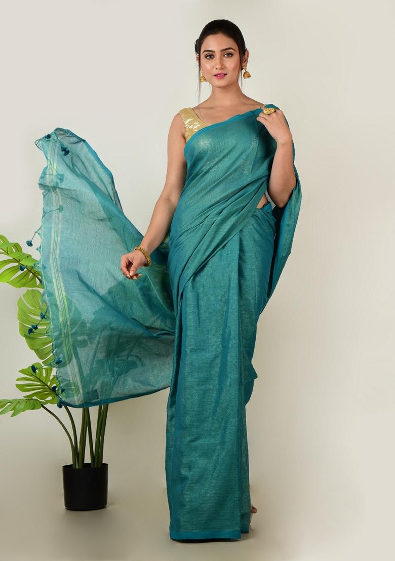 Turquoise Green Embroidered Linen Saree Set