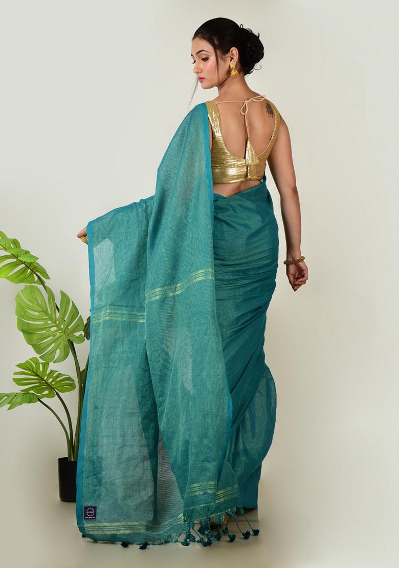 Turquoise Green Embroidered Linen Saree Set