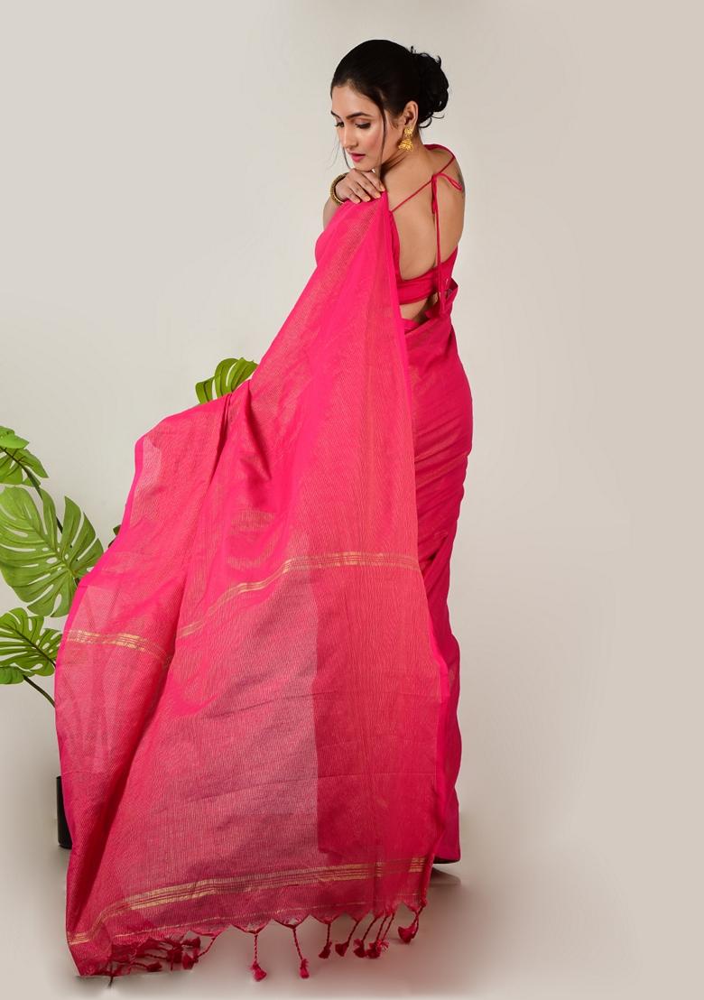 Pink Embroidered Linen Saree Set