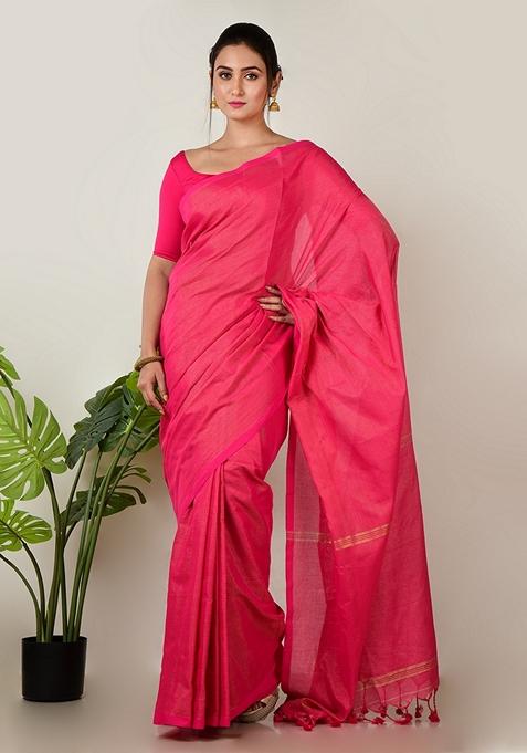 Pink Embroidered Linen Saree Set