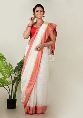 White Embroidered Cotton Saree Set