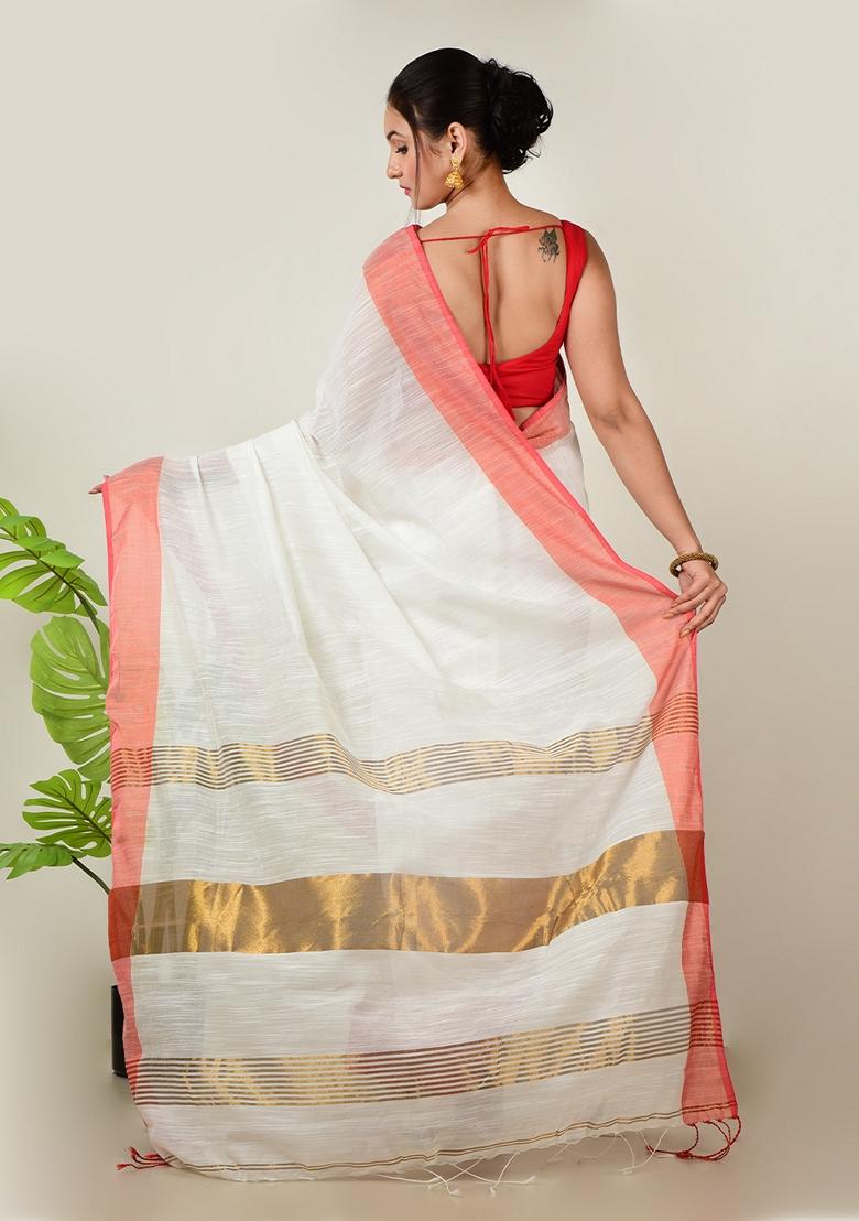 White Embroidered Cotton Saree Set