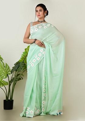 Pastel Green Embroidered Cotton Saree Set