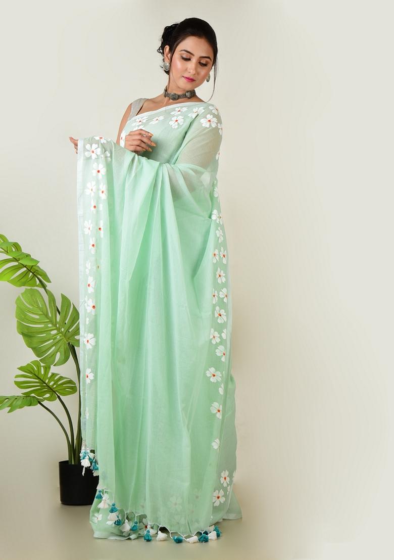 Pastel Green Embroidered Cotton Saree Set