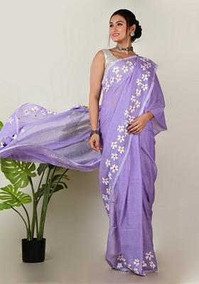 Lavender Embroidered Cotton Saree Set