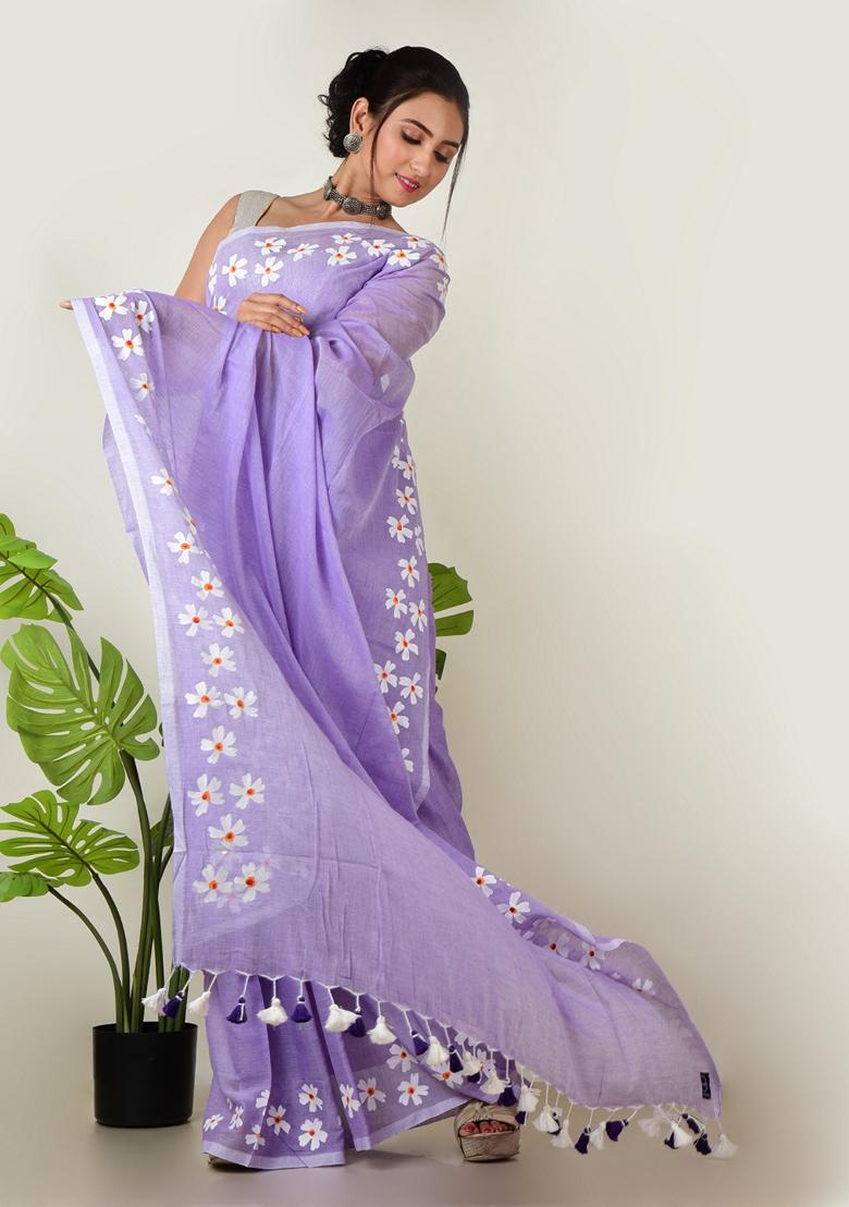 Lavender Embroidered Cotton Saree Set