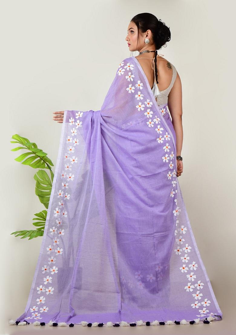 Lavender Embroidered Cotton Saree Set
