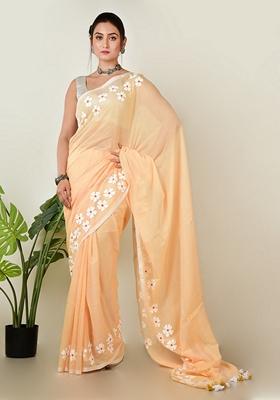 Peach Embroidered Cotton Saree Set