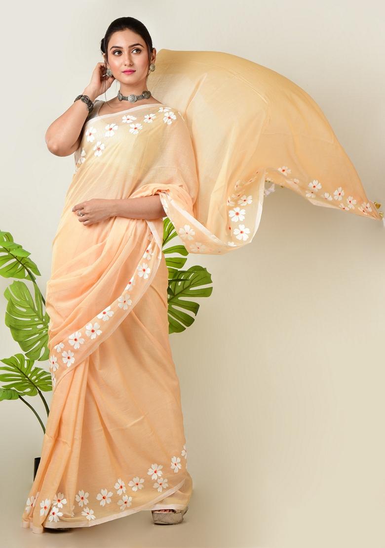 Peach Embroidered Cotton Saree Set