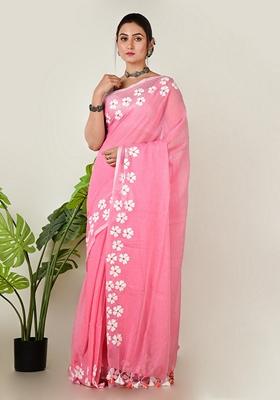 Candy Pink Embroidered Cotton Saree Set