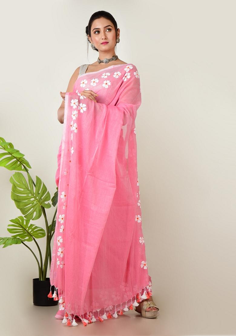 Candy Pink Embroidered Cotton Saree Set
