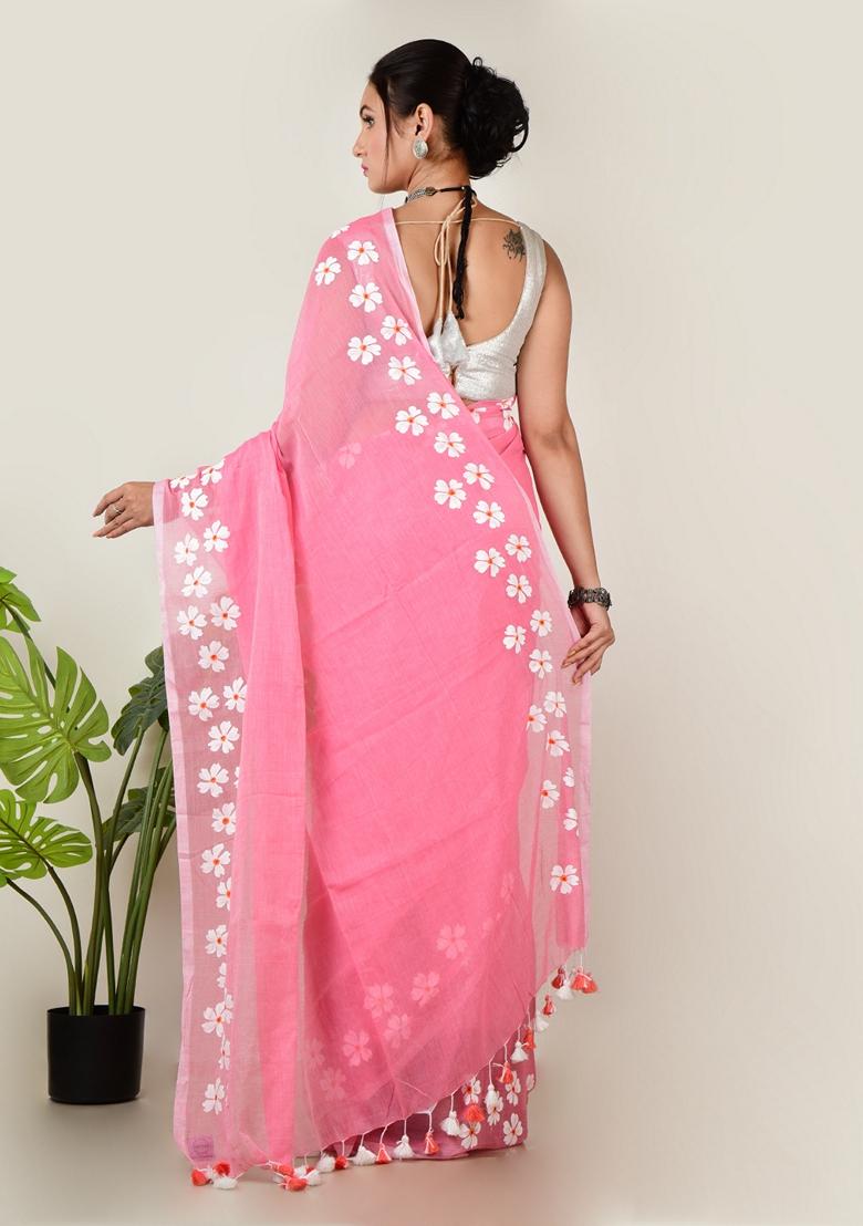 Candy Pink Embroidered Cotton Saree Set