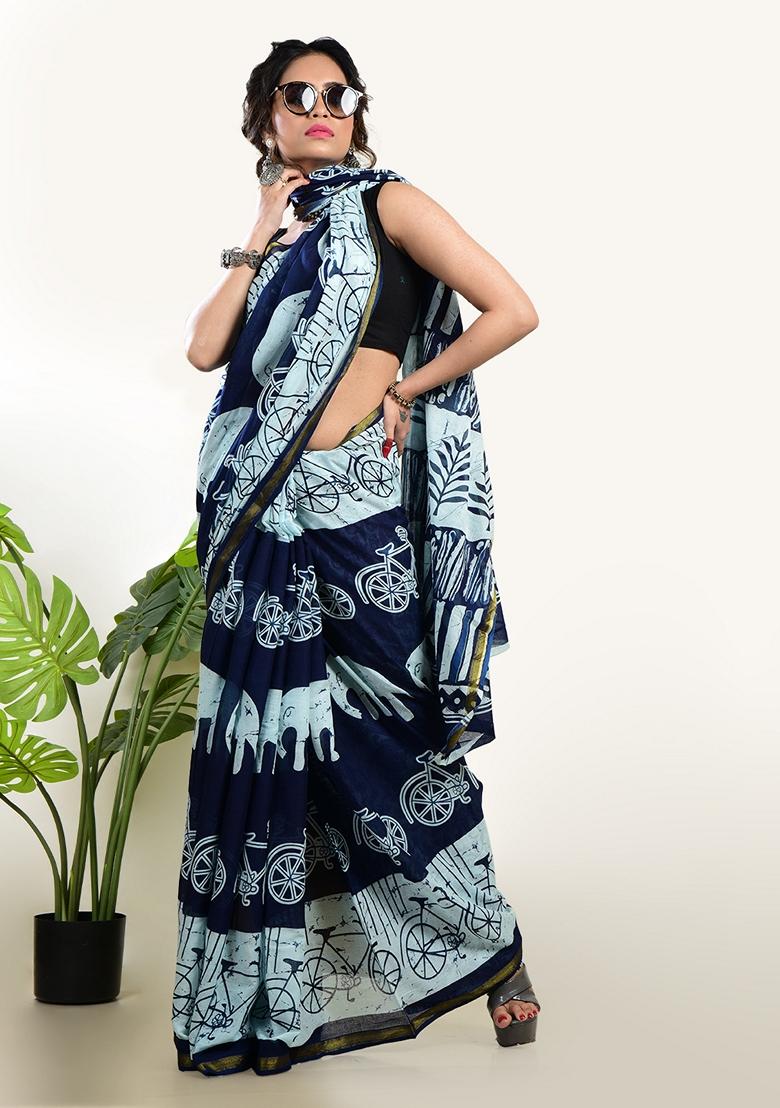 Indigo Blue Embroidered Cotton Saree Set