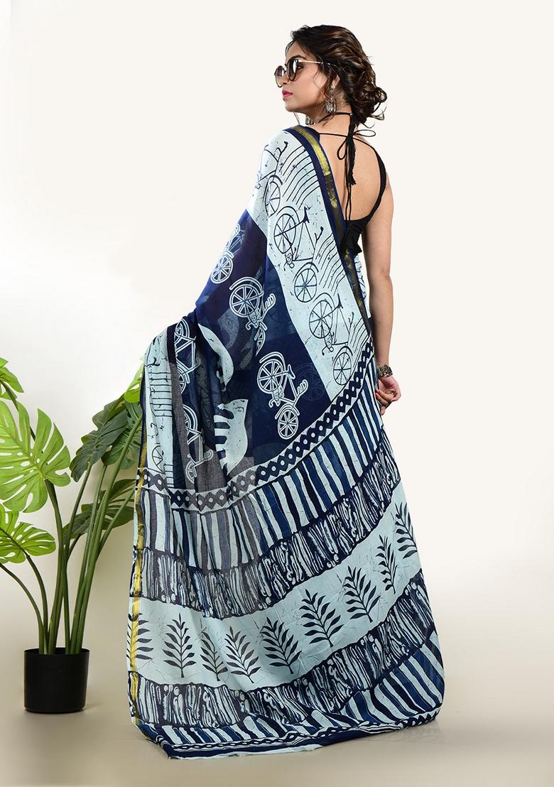Indigo Blue Embroidered Cotton Saree Set