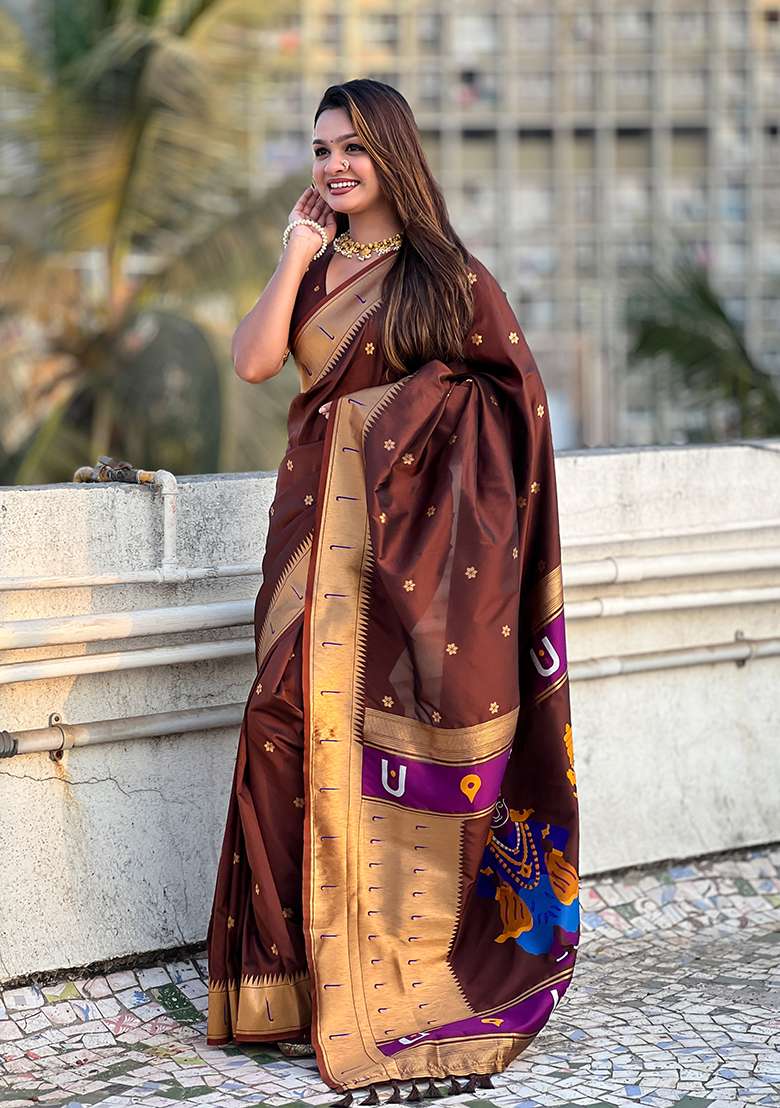Brown Zari Silk Saree Set with Embroidered for Diwali | Wedding & Festive Wear - Indya