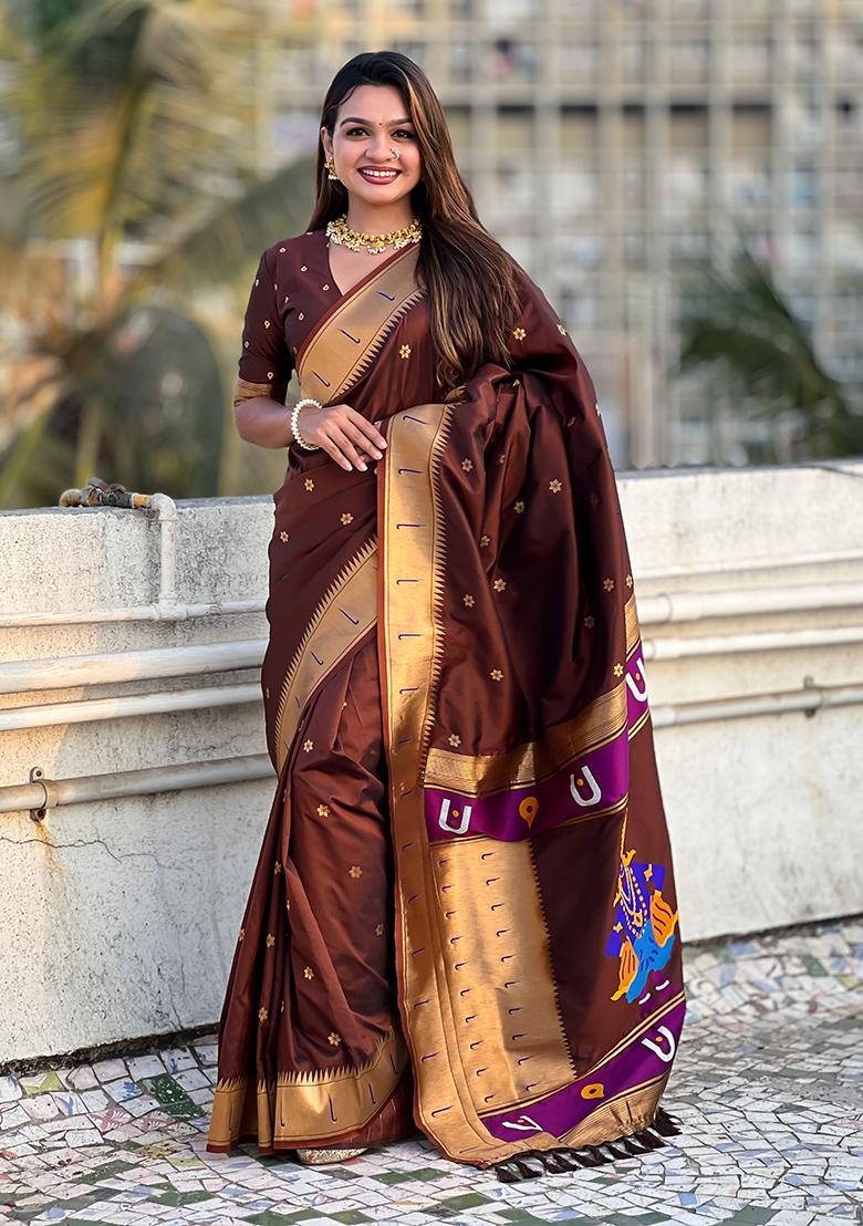 Brown Zari Embroidered Silk Saree Set