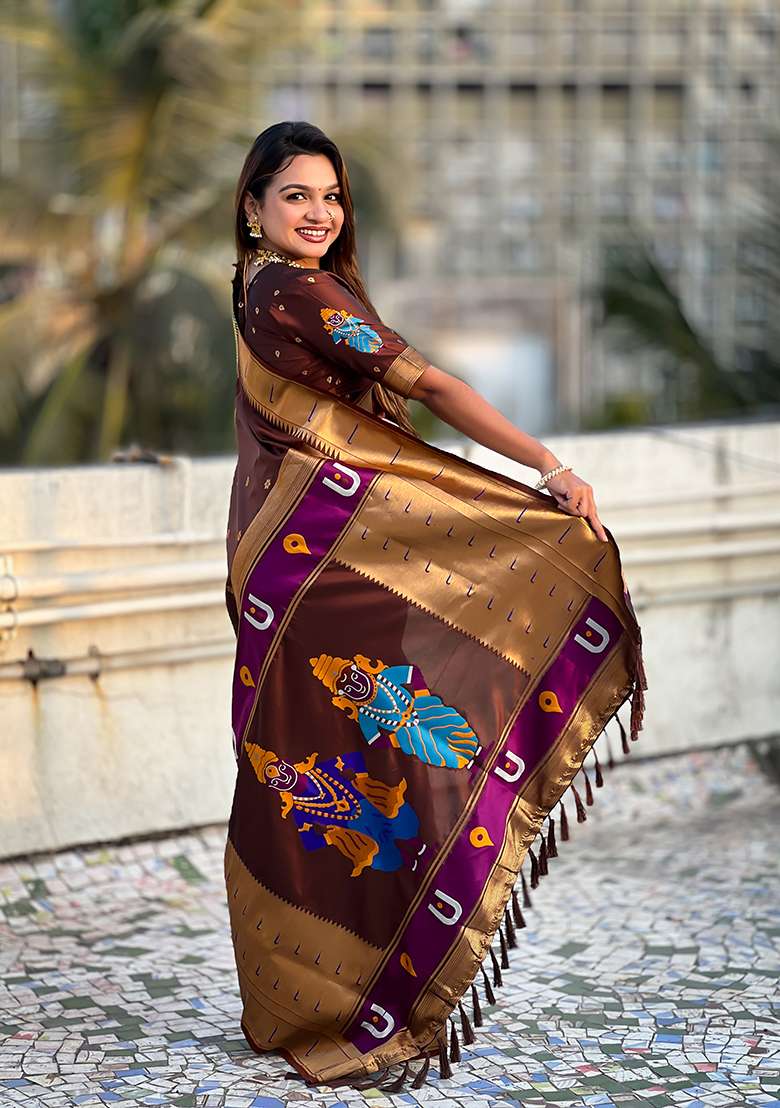 Brown Zari Silk Saree Set with Embroidered for Diwali | Wedding & Festive Wear - Indya