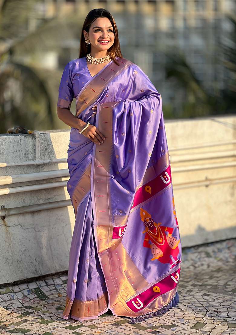 Lavender Zari Embroidered Silk Saree Set for Diwali and Festive Wear - Indya