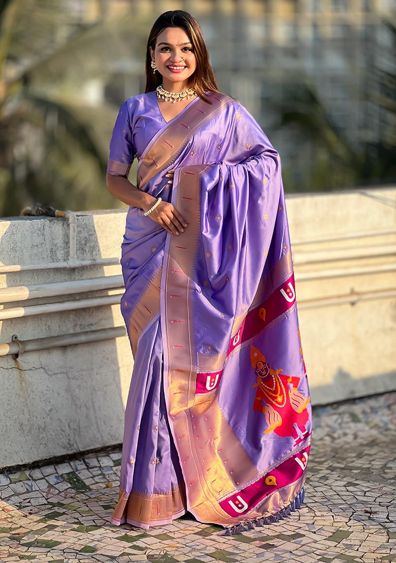 Lavender Zari Embroidered Silk Saree Set