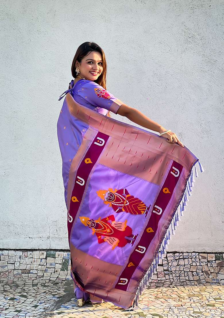 Lavender Zari Embroidered Silk Saree Set for Diwali and Festive Wear - Indya