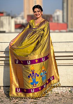 Olive Green Zari Embroidered Silk Saree Set