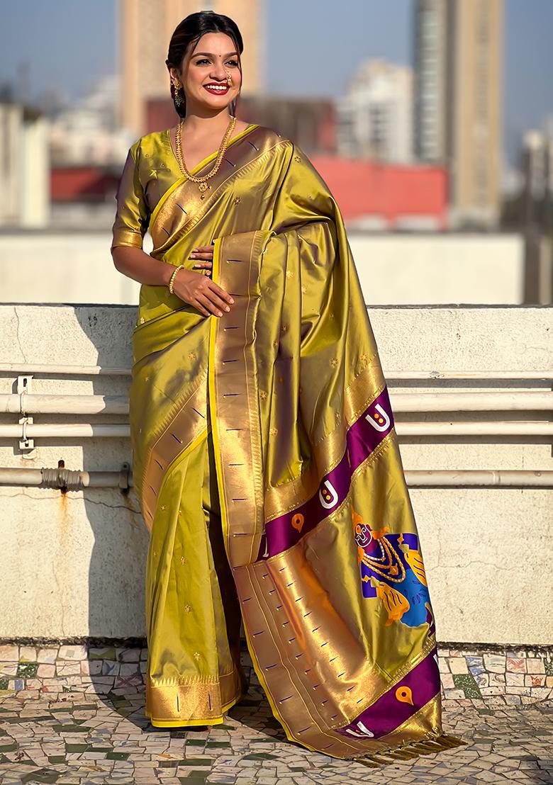 Olive Green Zari Embroidered Silk Saree Set