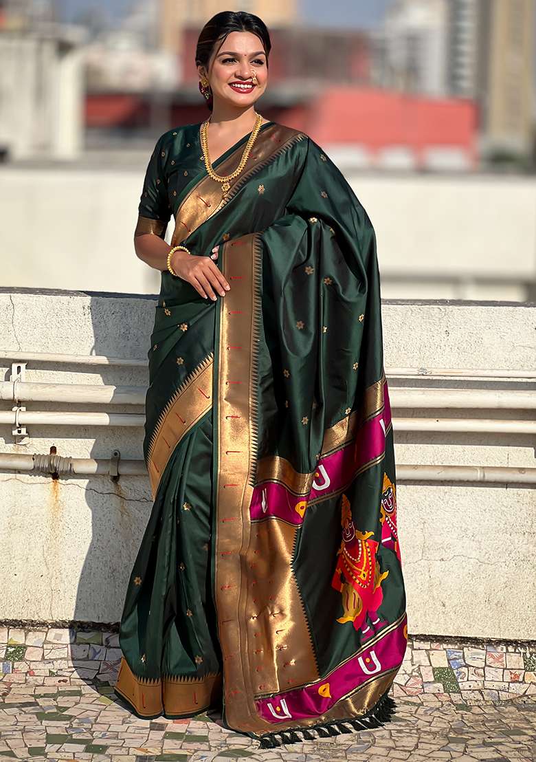 Dark Green Zari Embroidered Silk Saree Set - Indya