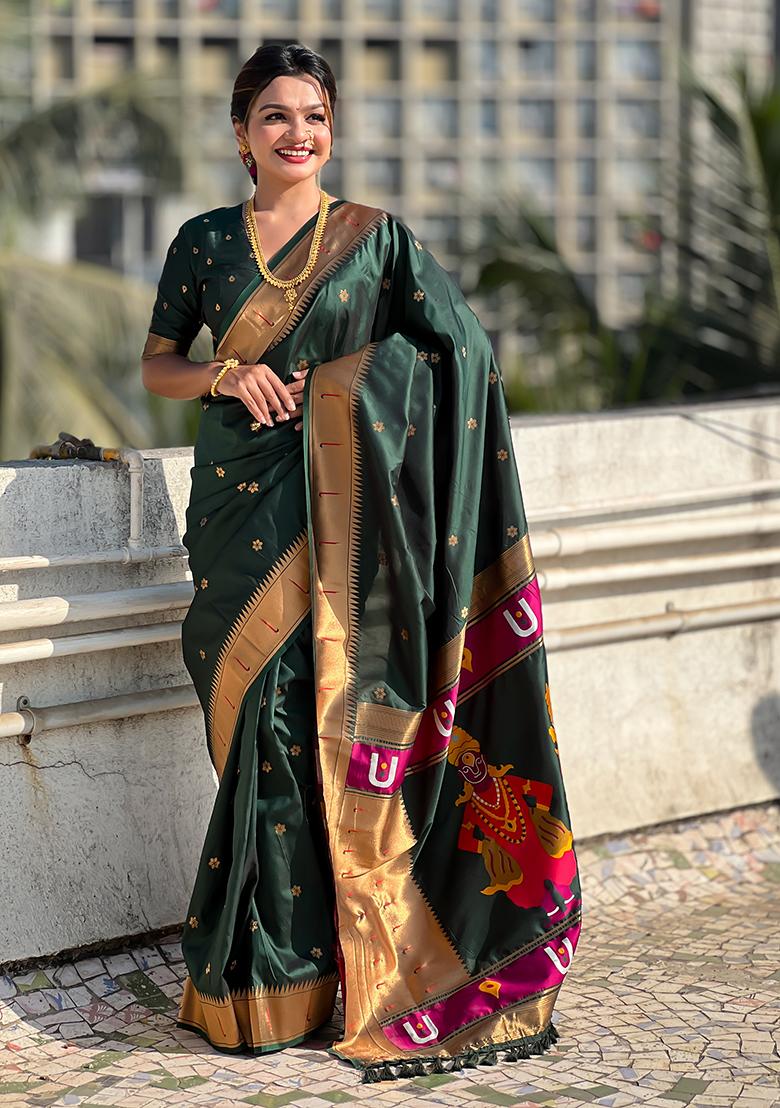 Dark Green Zari Embroidered Silk Saree Set