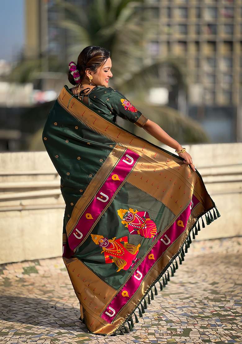 Dark Green Zari Embroidered Silk Saree Set - Indya