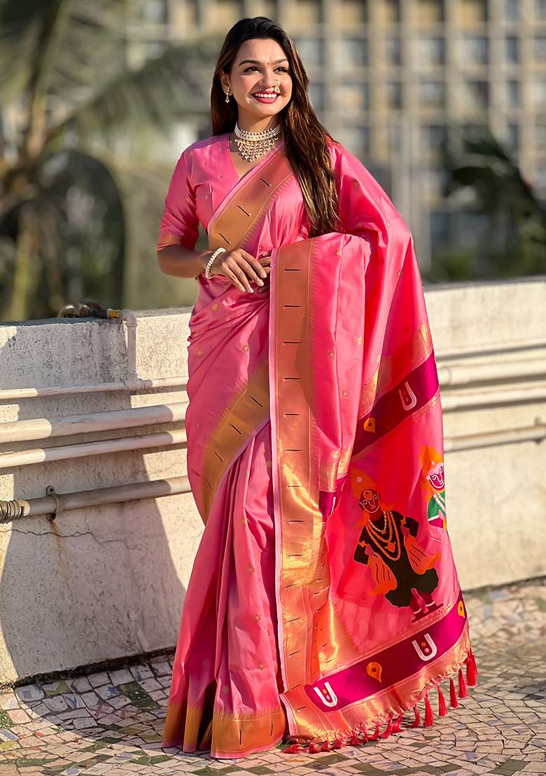 Pink Zari Silk Saree Set with Embroidered for Diwali | Wedding & Festive Wear - Indya