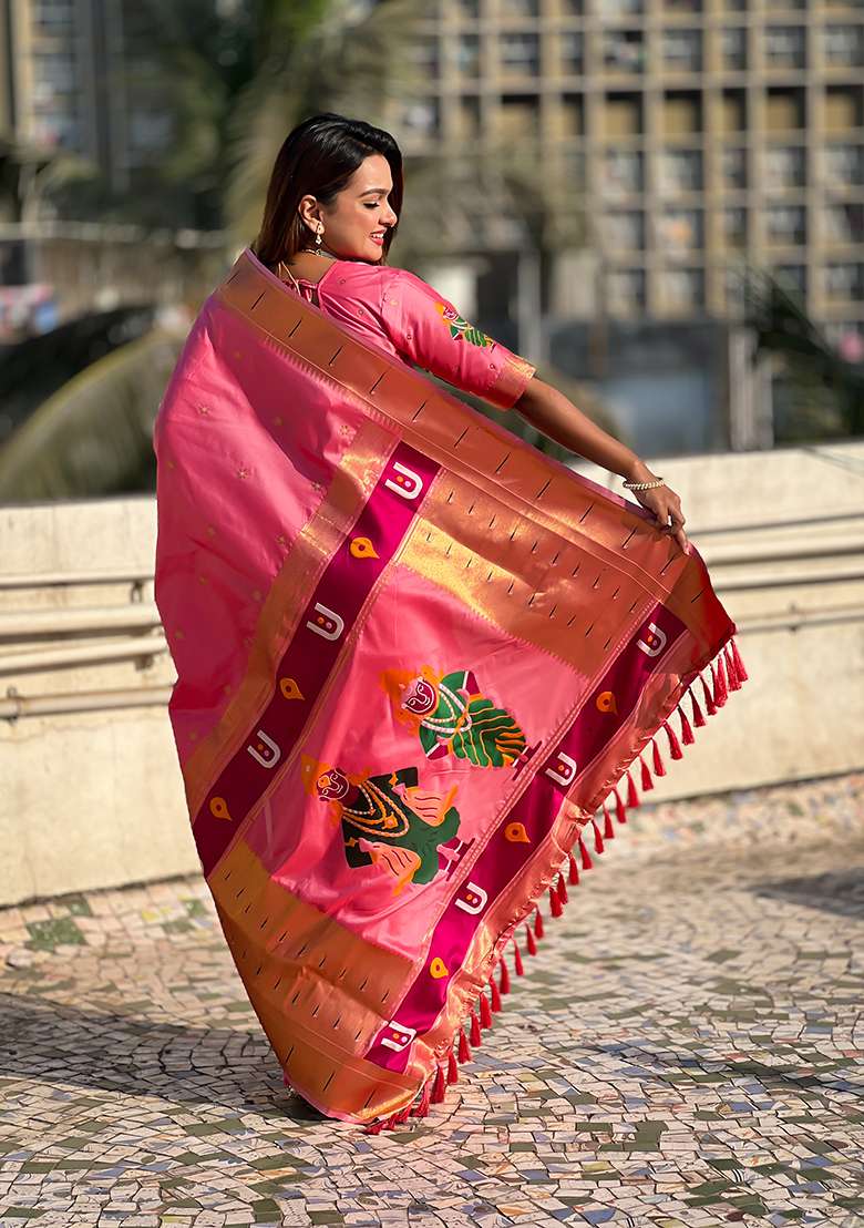Pink Zari Silk Saree Set with Embroidered for Diwali | Wedding & Festive Wear - Indya
