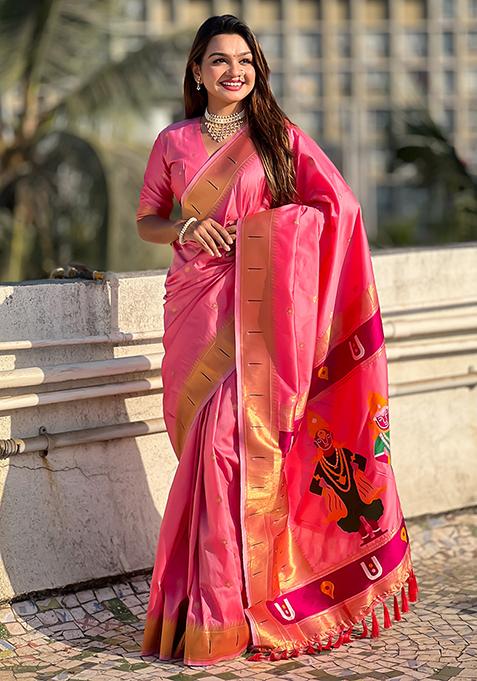 Pink Zari Embroidered Silk Saree Set
