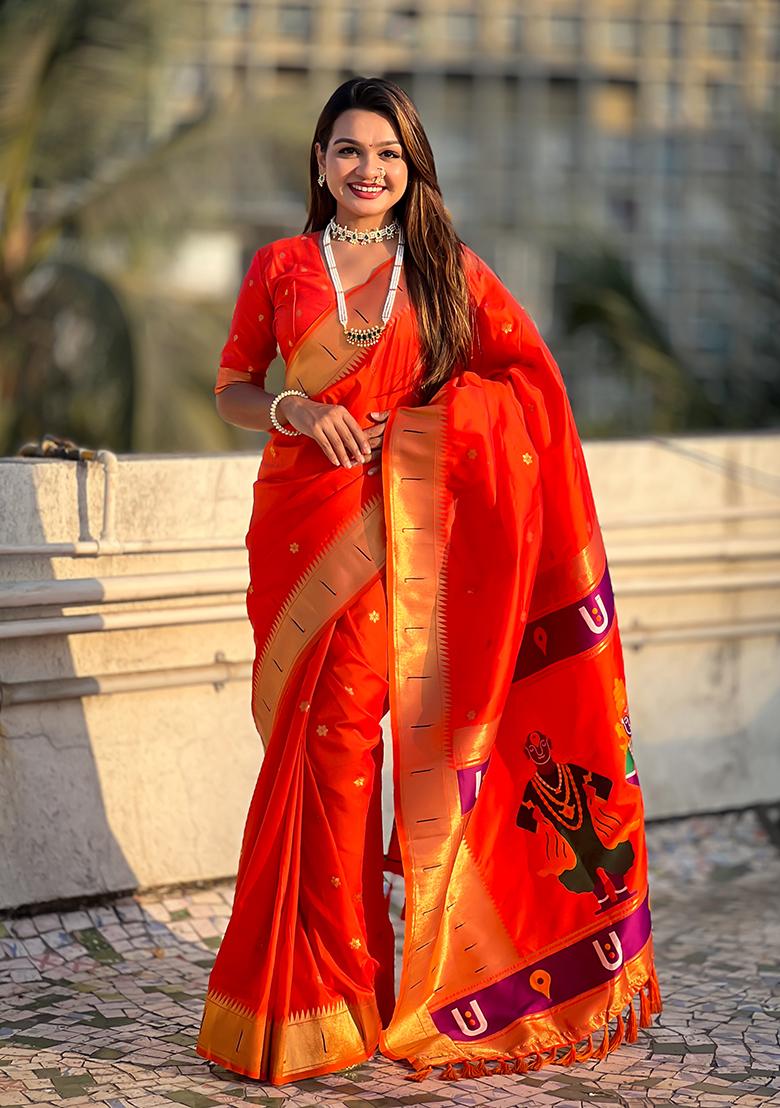Orange Zari Embroidered Silk Saree Set