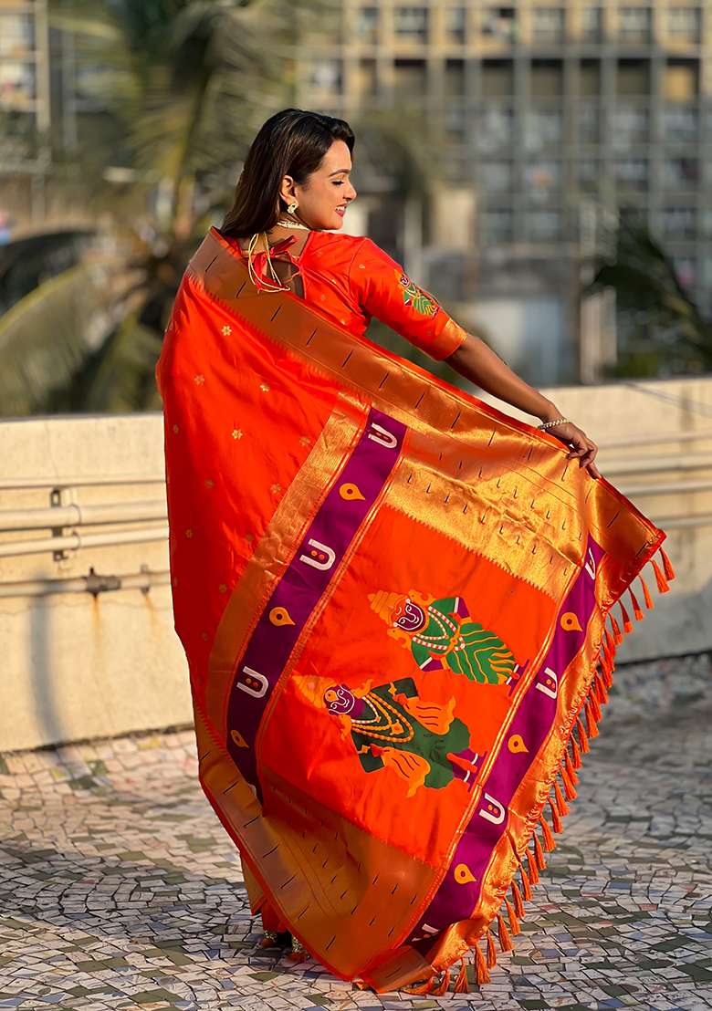 Orange Zari Embroidered Silk Saree Set for Diwali and Festive Wear - Indya
