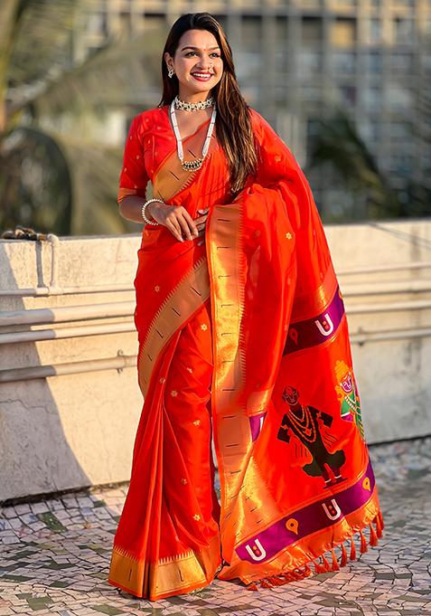 Orange Zari Embroidered Silk Saree Set