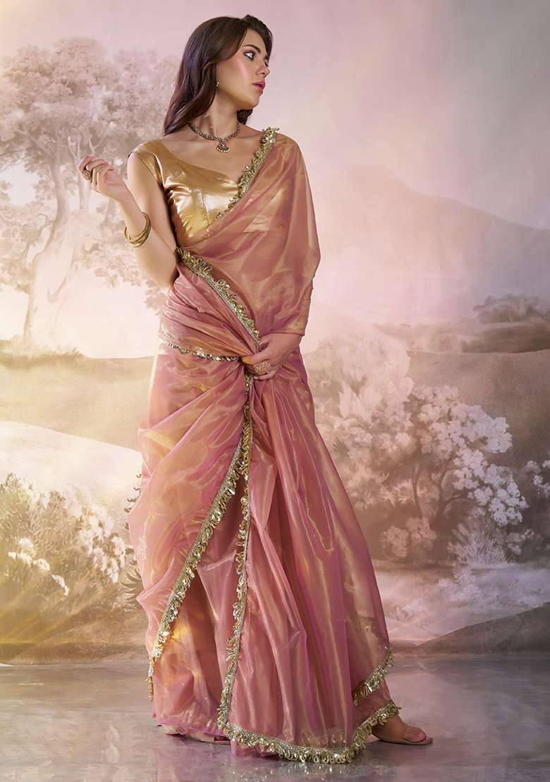 Pink Printed Net Saree Set - Indya