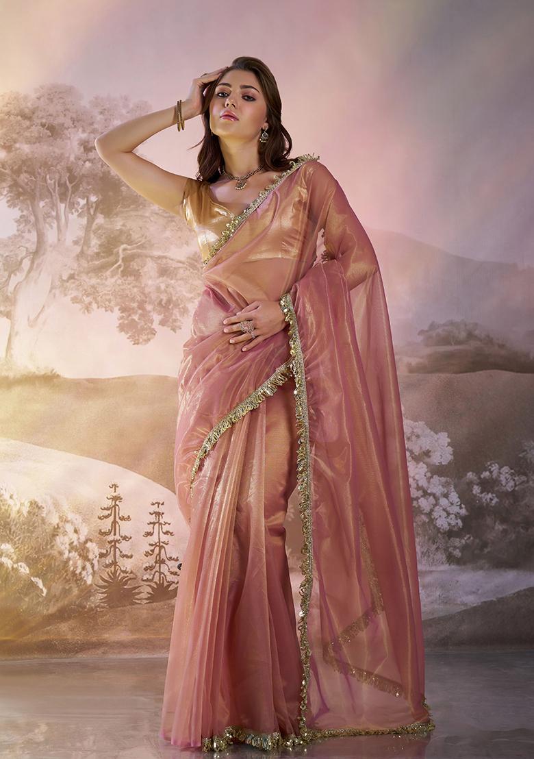 Pink Printed Net Saree Set