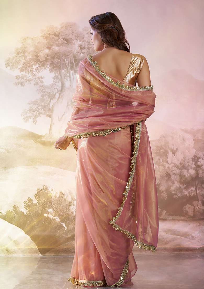 Pink Printed Net Saree Set - Indya