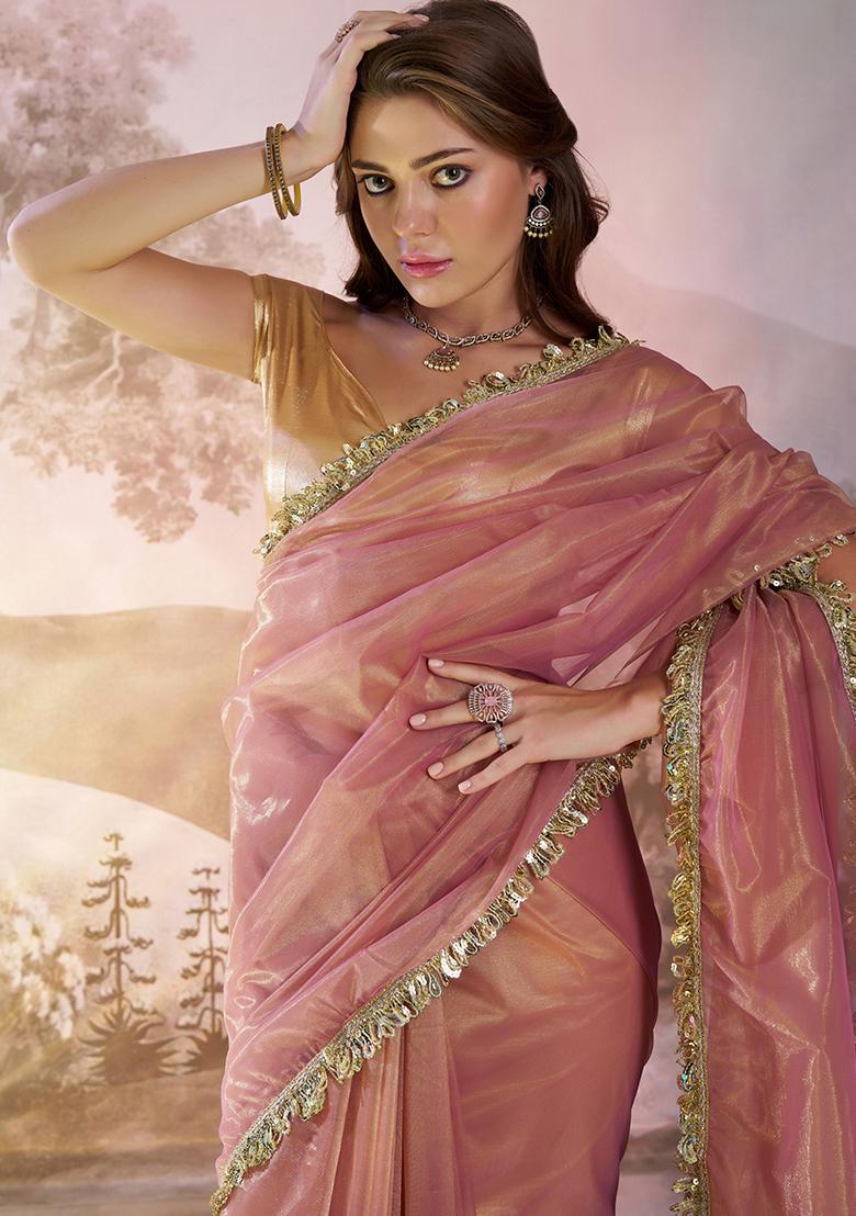 Pink Printed Net Saree Set