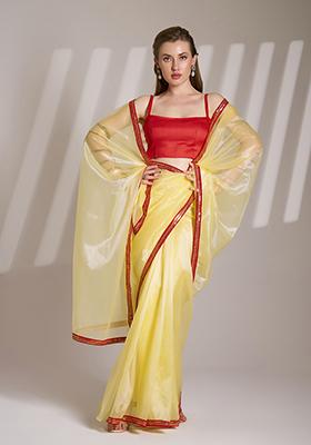 Yellow Printed Net Saree Set