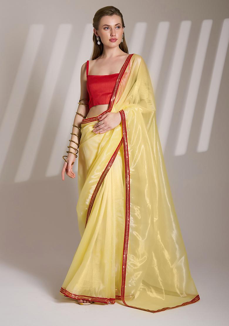 Yellow Printed Net Saree Set