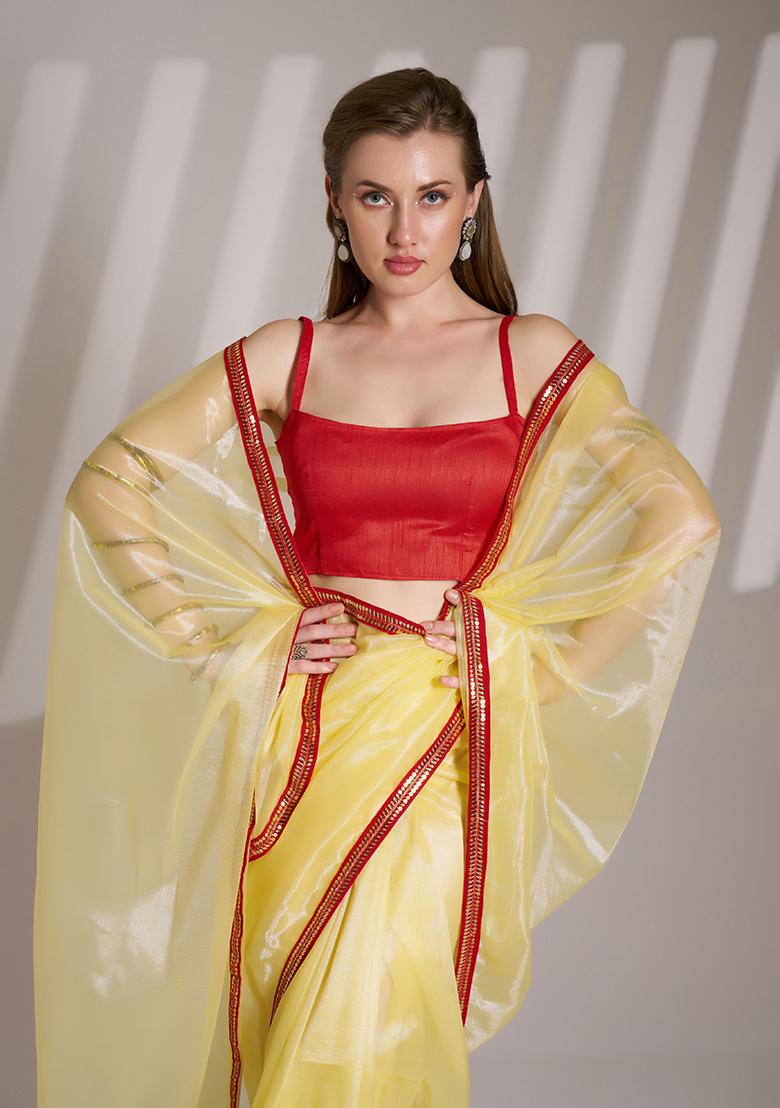 Yellow Printed Net Saree Set